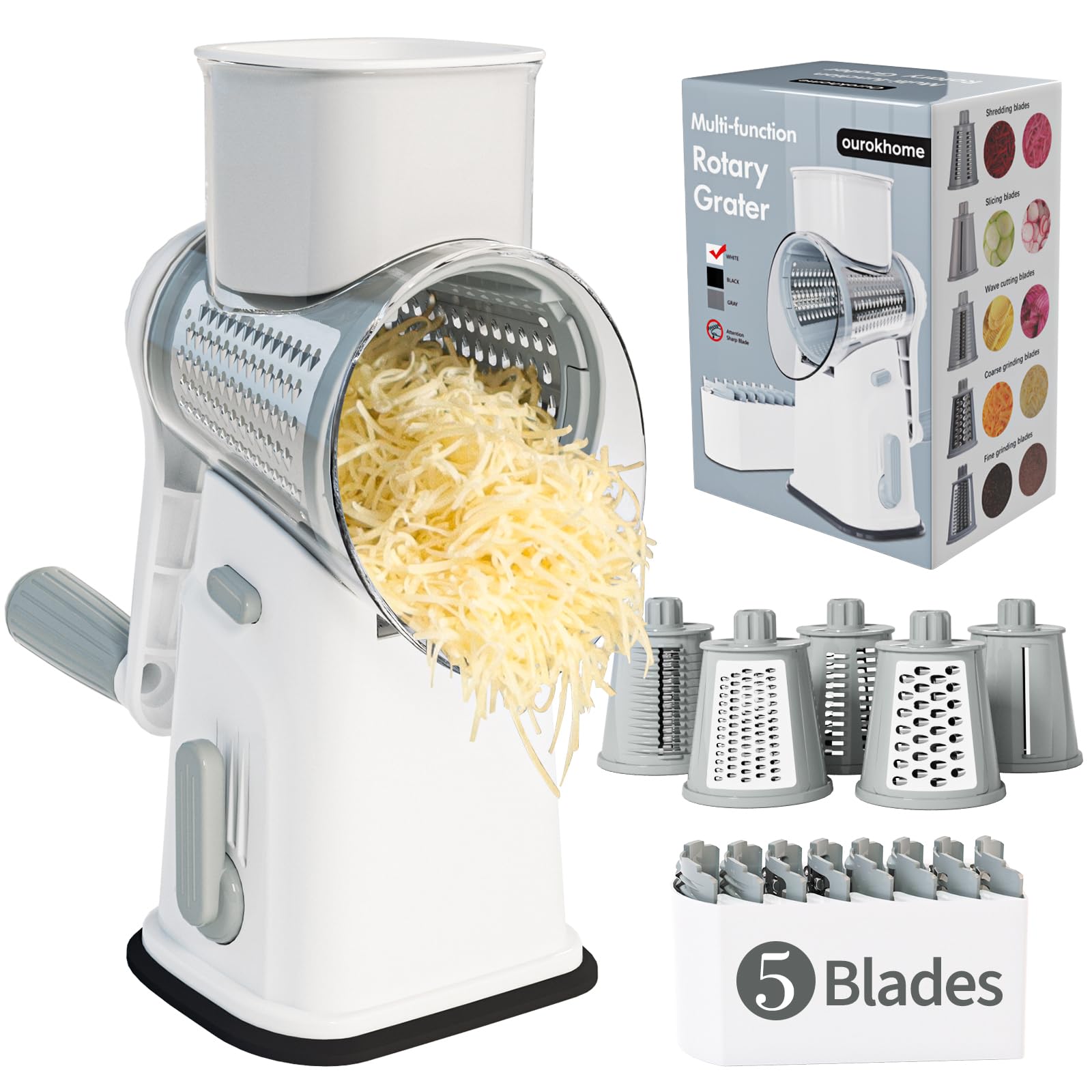 Ourokhome Rotary Cheese Grater Cheese Shredder, Mandoline Vegetable Slicer with 5 Interchangeable Blades and Strong Suction Base for Fruit, Vegetables, Nuts White