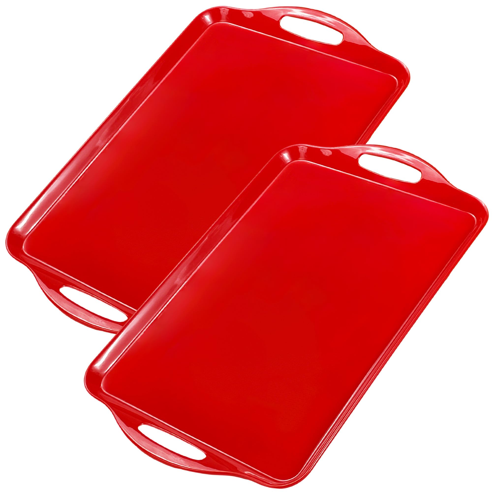 Grande vassoio da portata con manici, 48 x 29 cm, piatti rettangolari in melamina, per servire cibo, tacchino, biscotti, cupcake, dessert, lavabili in lavastoviglie, senza BPA, set di 2 (rosso)