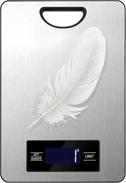 The Grovix digital food scale features a sleek stainless steel platform and a clear, backlit LCD display.