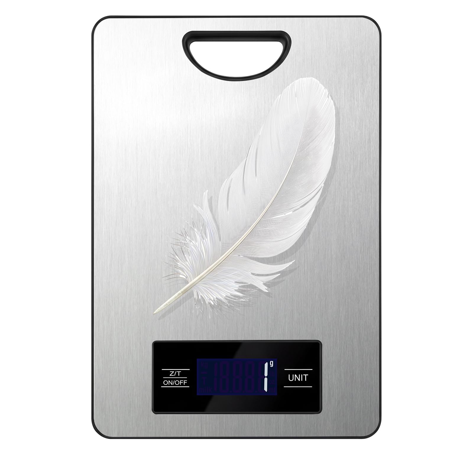 The Grovix digital food scale features a sleek stainless steel platform and a clear, backlit LCD display.