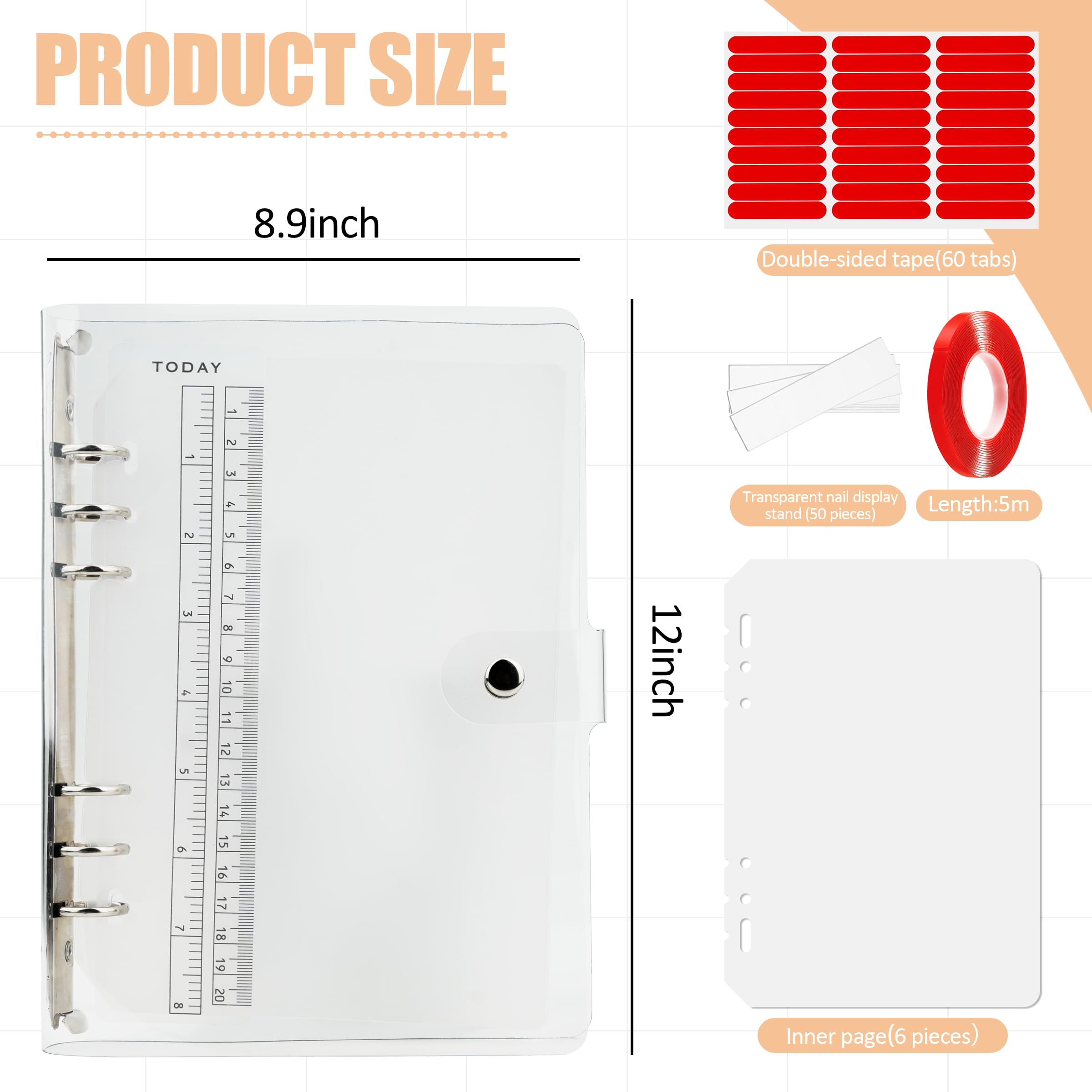 Yazabai Large Clear Press On Nail Organizer Book Storage Acrylic Art Display Packaging Box with Transparent Tape for Fake Salon (Clear, 9.5 * 7in)