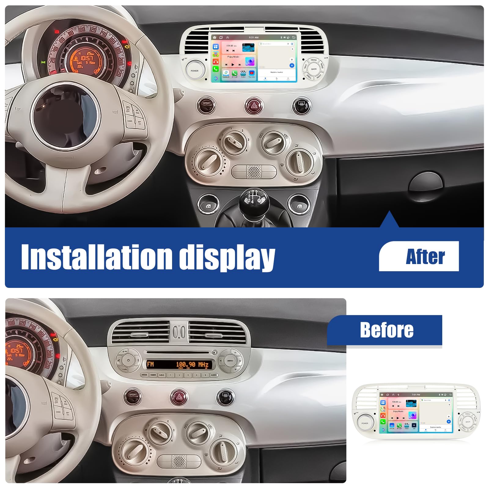 SIXWIN 8 Core 4+64G Android 15 Autoradio per FIAT 500 2007-2015 con CarPlay/Android Auto/DSP,7 Pollici HD Schermo Navigatore GPS WiFi Bluetooth 5.0 USB FM RDS Radio Mirror Link +32 Bande EQ(Bianco)