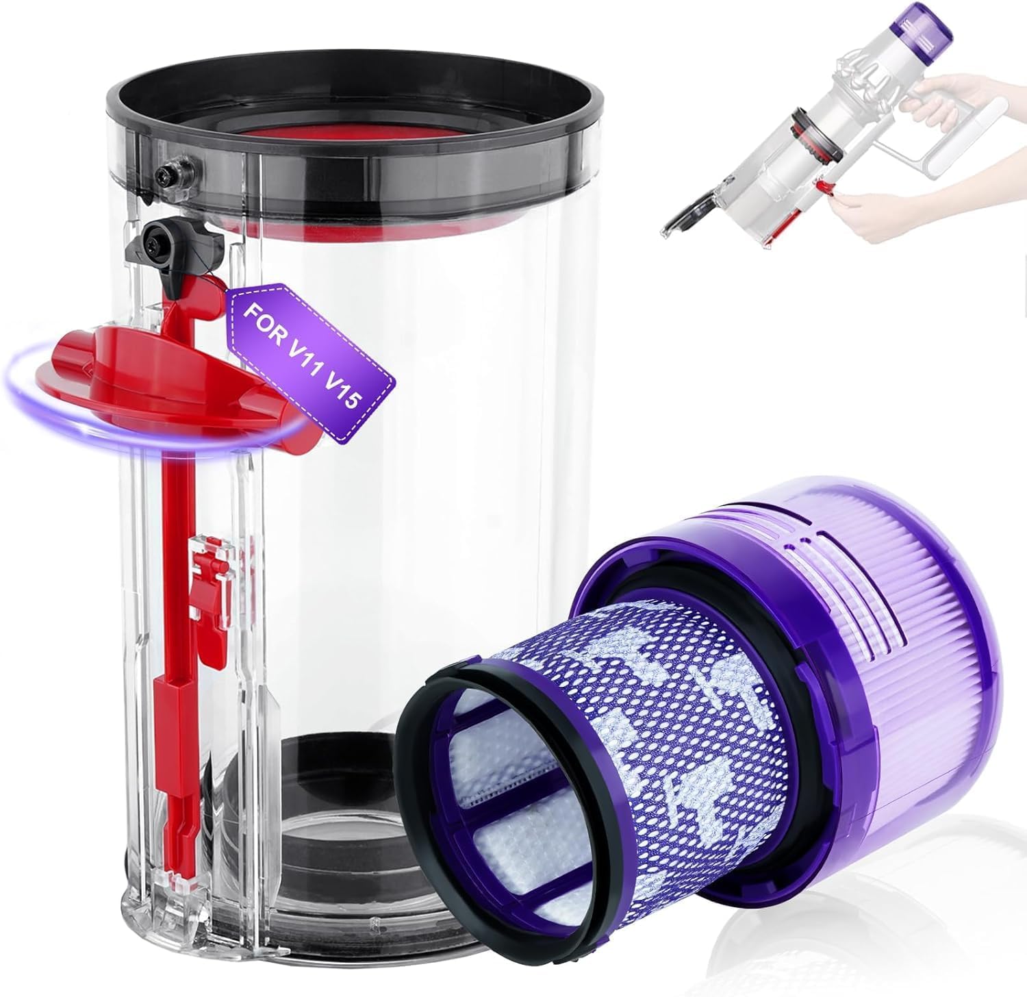 Ricambio per bidone della polvere aggiornato compatibile Dyson V11 V15 SV14 SV15 SV22, contenitore trasparente n. 970050-01/965443-01 con filtro HEPA