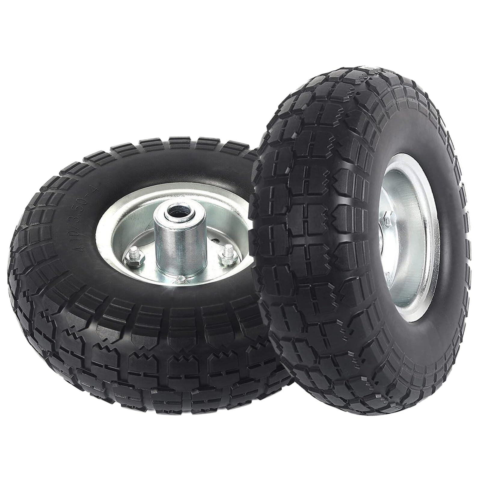 JOEEYKO 2 Pack 10" Flat Free Solid Tires, 4.10/3.5-4 Rubber Tyre Wheels with 16mm Axle Bore Hole for Hand Truck, Trolley, Wheelbarrows, Garden Cart