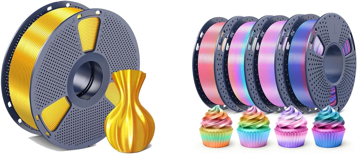 SUNLU Silk Filament 1.75mm 1kg Light Gold and SUNLU Silk Rainbow Filament 250G Spool 4 Packs