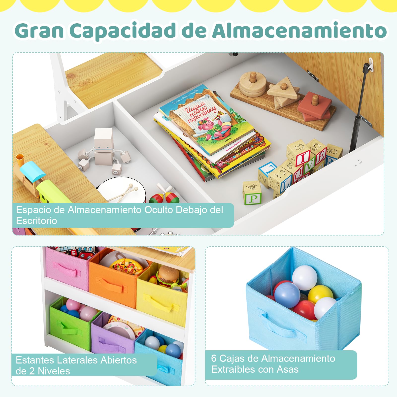 COSTWAY Juego de Mesa y 2 Silla de Arte para Niños, Escritorio de Juegos y Manualidades 2 en 1 para Niños con Mesa Elevable, Rollo de Papel, Vasos de Pintura y 6 Contenedores (Natural)
