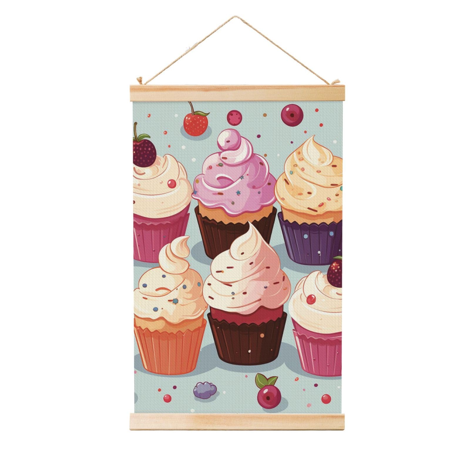 Cupcakes Posters Wooden Shaft Hanging Poster Canvas Prints Scroll Wall Art Painting Vintage Wall Banner Modern Artwork Decor for Home Decor Ready to Hang 20"x30"