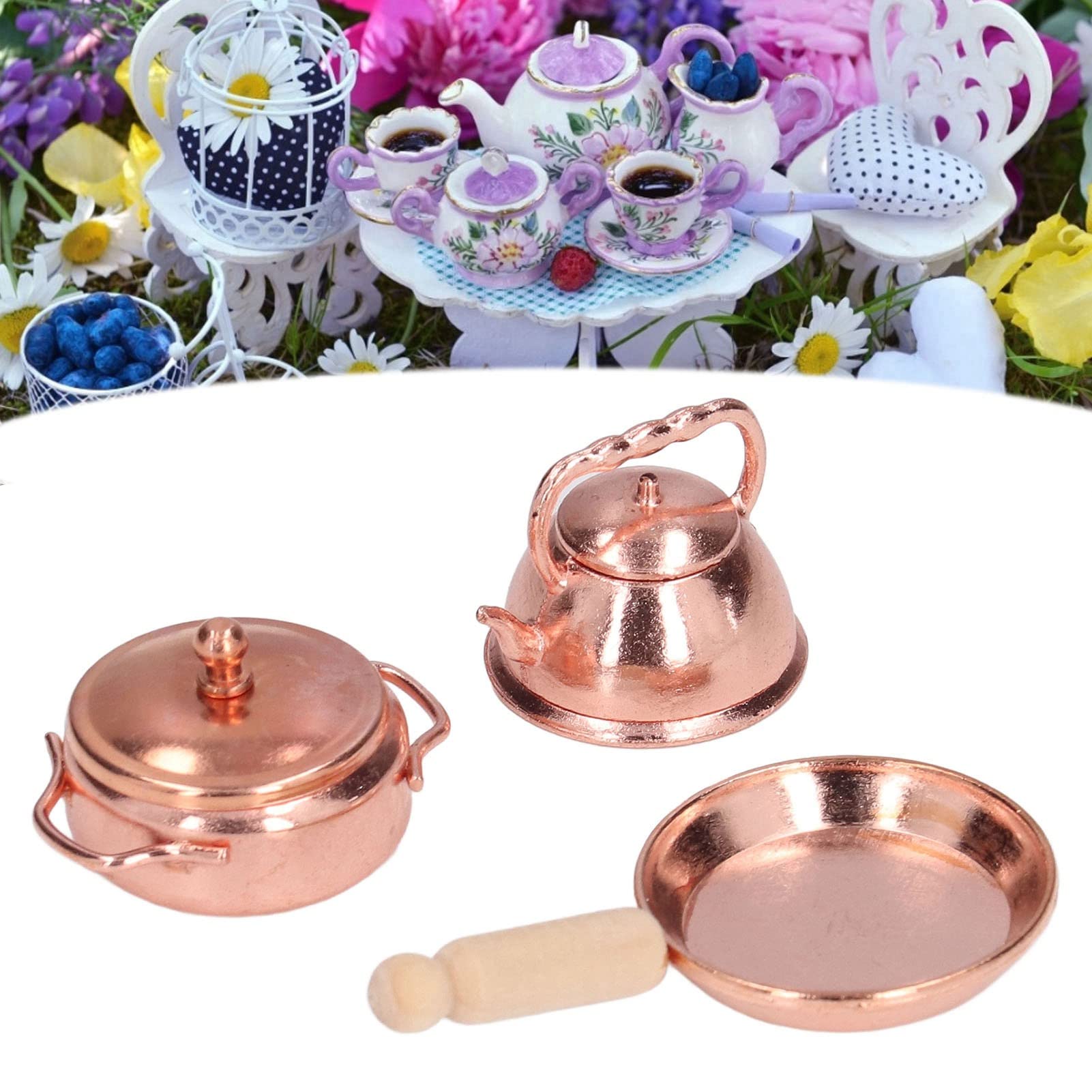 Set De 3 Utensilios De Cocina En Miniatura Para Casa De Muñecas Escala 1:12, Sartén, Hervidor Y Olla Doble De Metal
