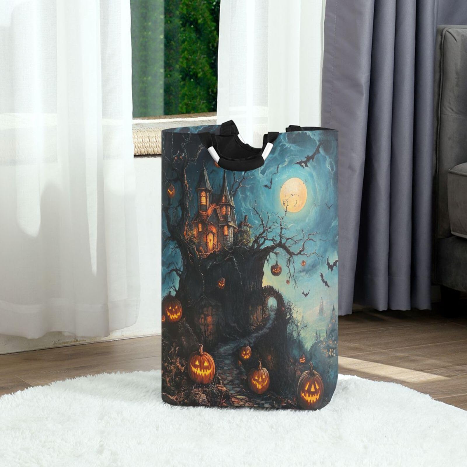 Jihqo Laundry Hamper Basket Halloween Castle Collapsible Nursery Storage Bin Waterproof Clothing Baskets for Home Bedroom Bathroom Washing Room