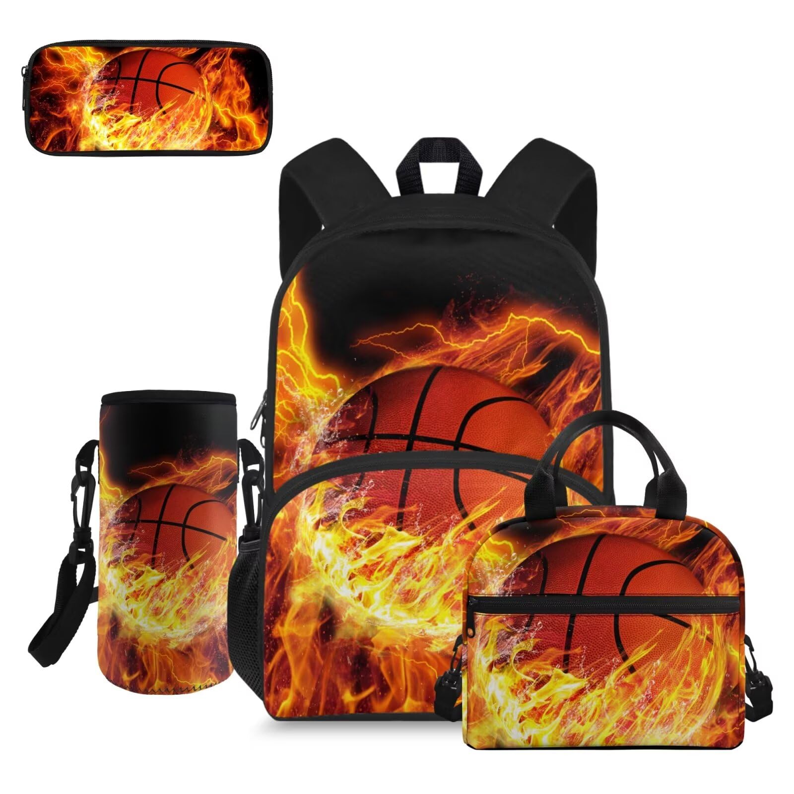 doginthehole Flame Basketball School Backpack for Boys 8-12 Cool Bookbag for Boys with Lunch Box 4pcs Lightweight Boys School Bag Set for Elementary