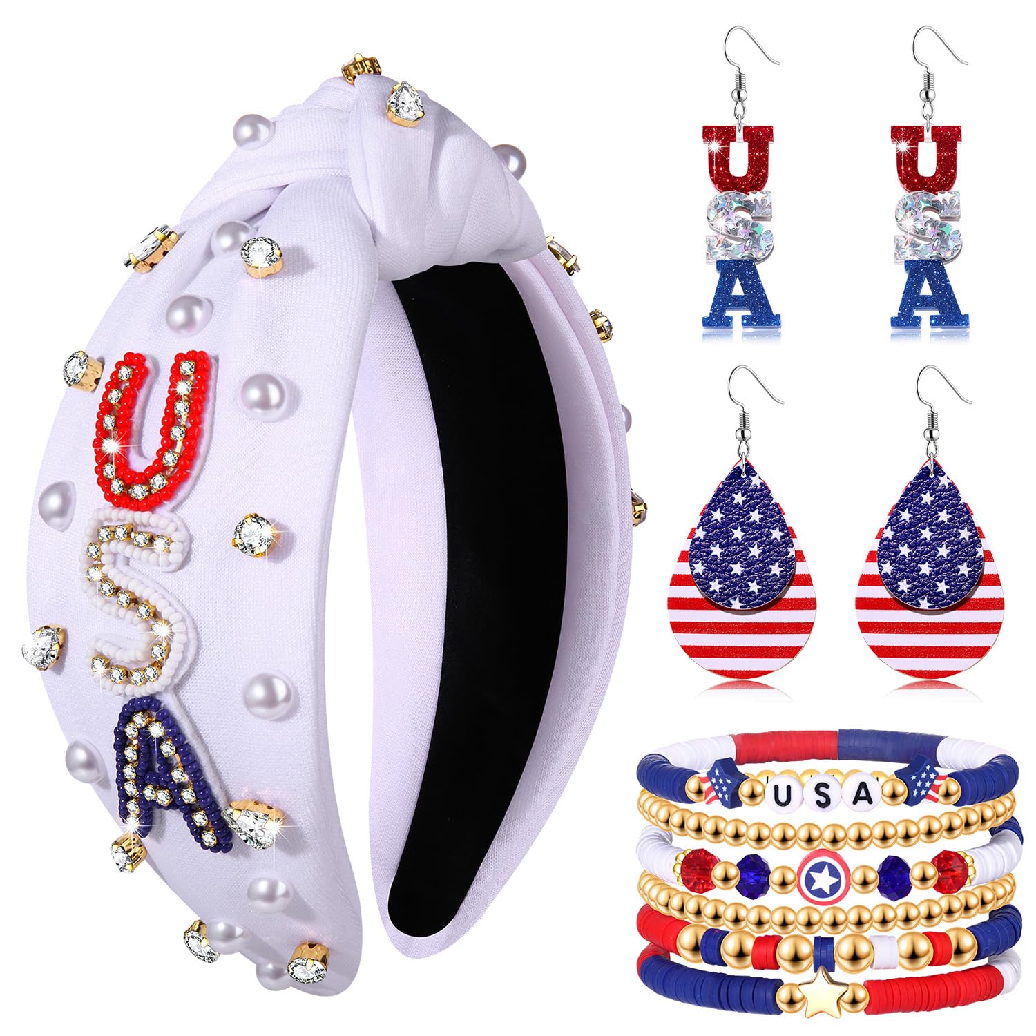 CEALXHENY 4th of July Accessories for Women American Flag Headband USA Earrings Red Blue White Beaded Heishi Bracelets USA Patriotic Fourth Of July