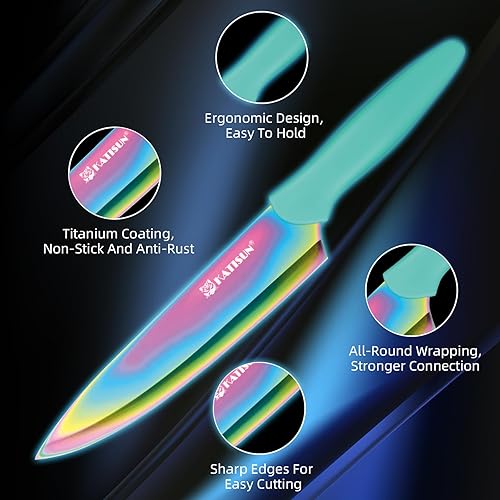 Miniatura 3 de KATISUN Juego de cuchillos de cocina con protectores, juego de cuchillos de acero inoxidable con revestimiento de titanio arcoíris de 13 piezas,