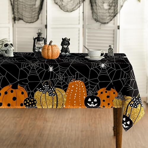 Horaldaily Mantel rectangular de Halloween de 60 x 120 pulgadas, diseño de telaraña de calabaza con temática de miedo, color negro, lavable, para