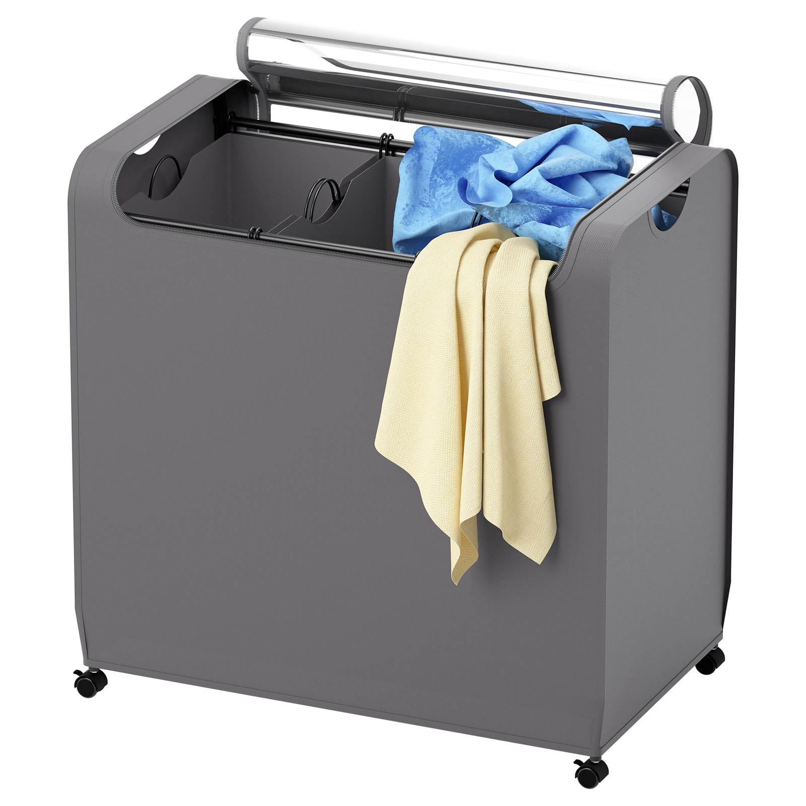 Tinpin Laundry Basket with Wheels, 3 Section Laundry Hamper with Lid, 156 L Laundry Sorter, Dirty Clothes Hamper for Laundry 3 Compartment, Dark Grey (Upgraded)