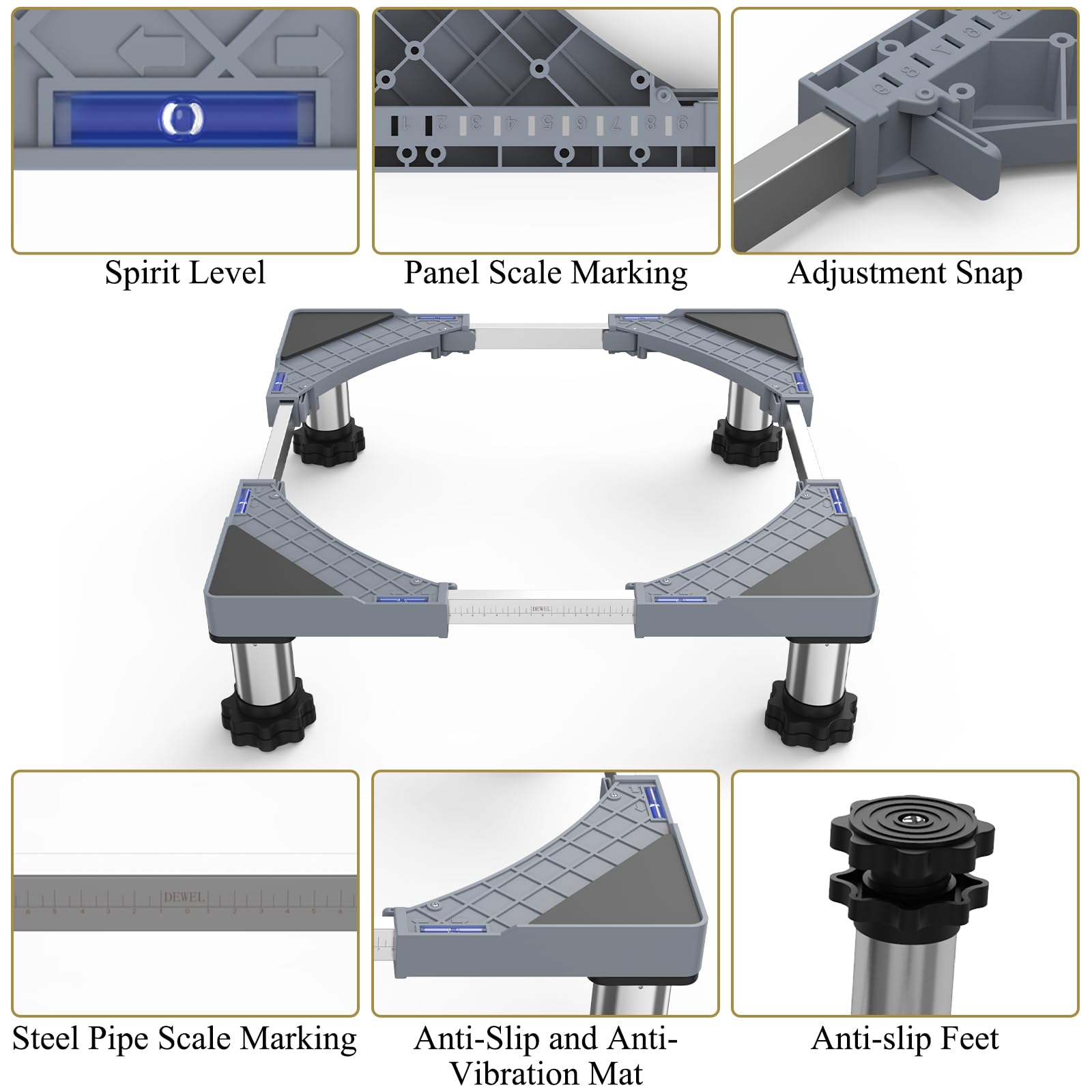 Base Regolabile Per Lavatrice DEWEL - Supporto 300 Kg, Larghezza 45-65 Cm, Altezza 10-13 Cm, Bianco - Foto 2