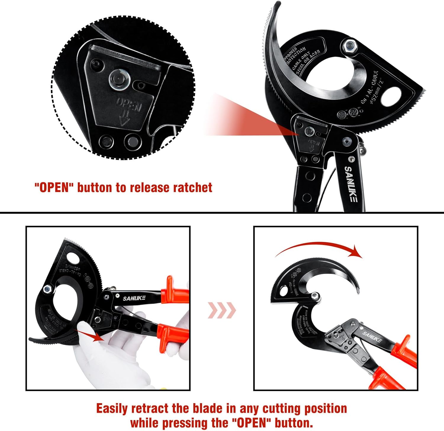 Sanuke Ratcheting Cable Wire Cutter Hand Tool, Heavy Duty Aluminum Copper Ratchet Wire Cutting for Electrical Wire up to 400mm²
