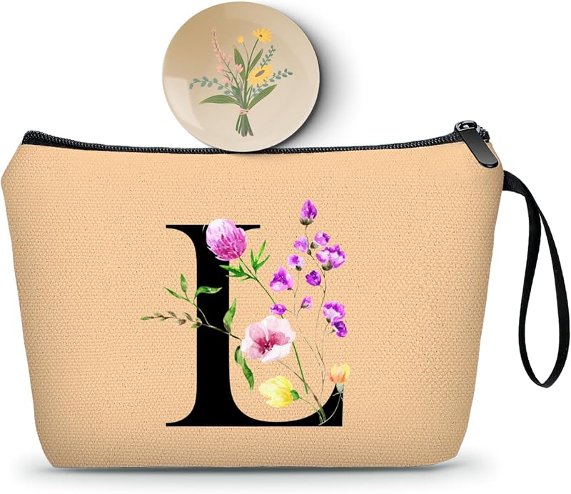 Necessaire de maquiagem SEAMOON Khaki com espelho e inicial L