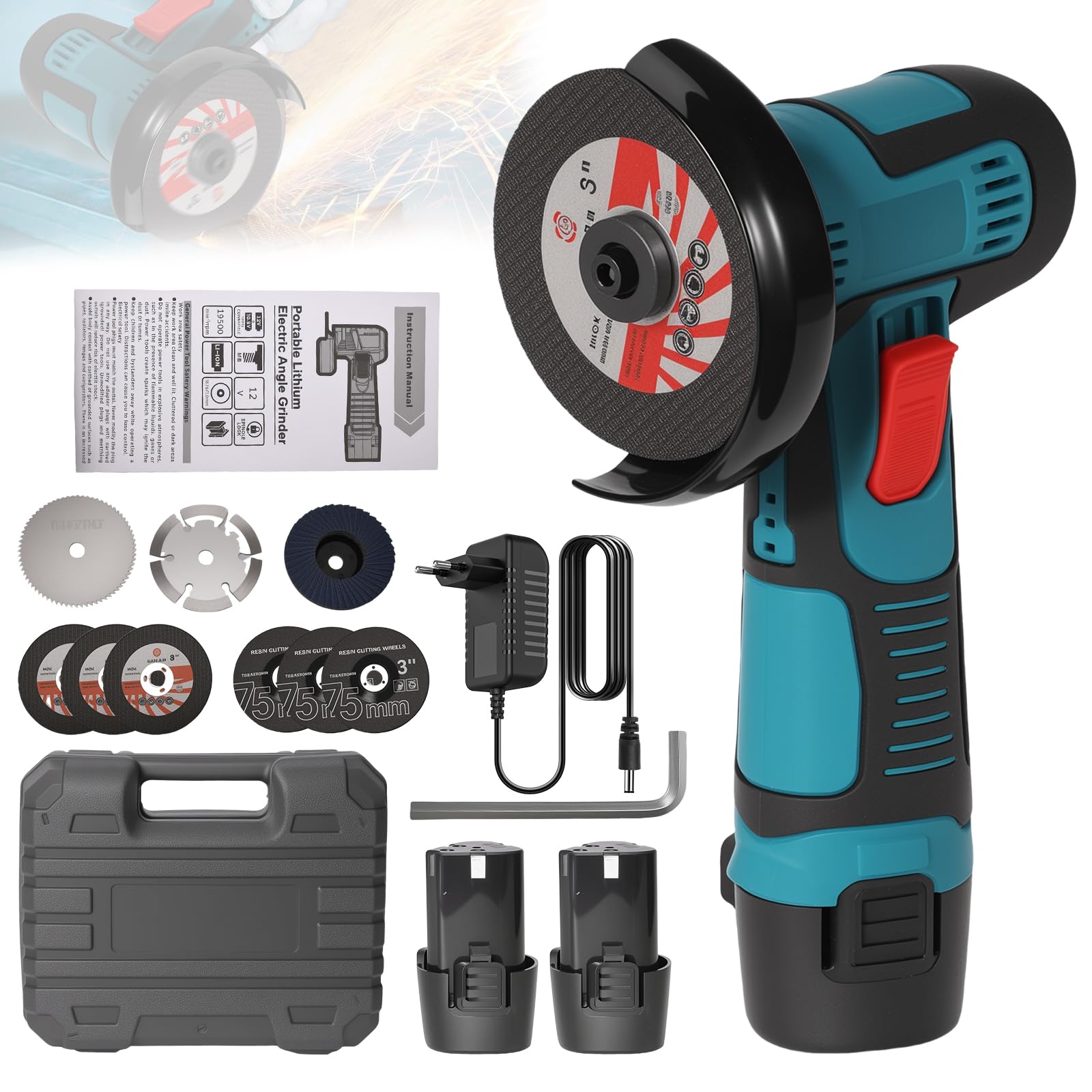 Mini Meuleuse D'Angle Sans Fil 18000RPM, 12V Professional Disqueuse Sans Fil avec 10 Disques de Coupe et de Polissage pour le Meulage et la Coupe (Bleu)