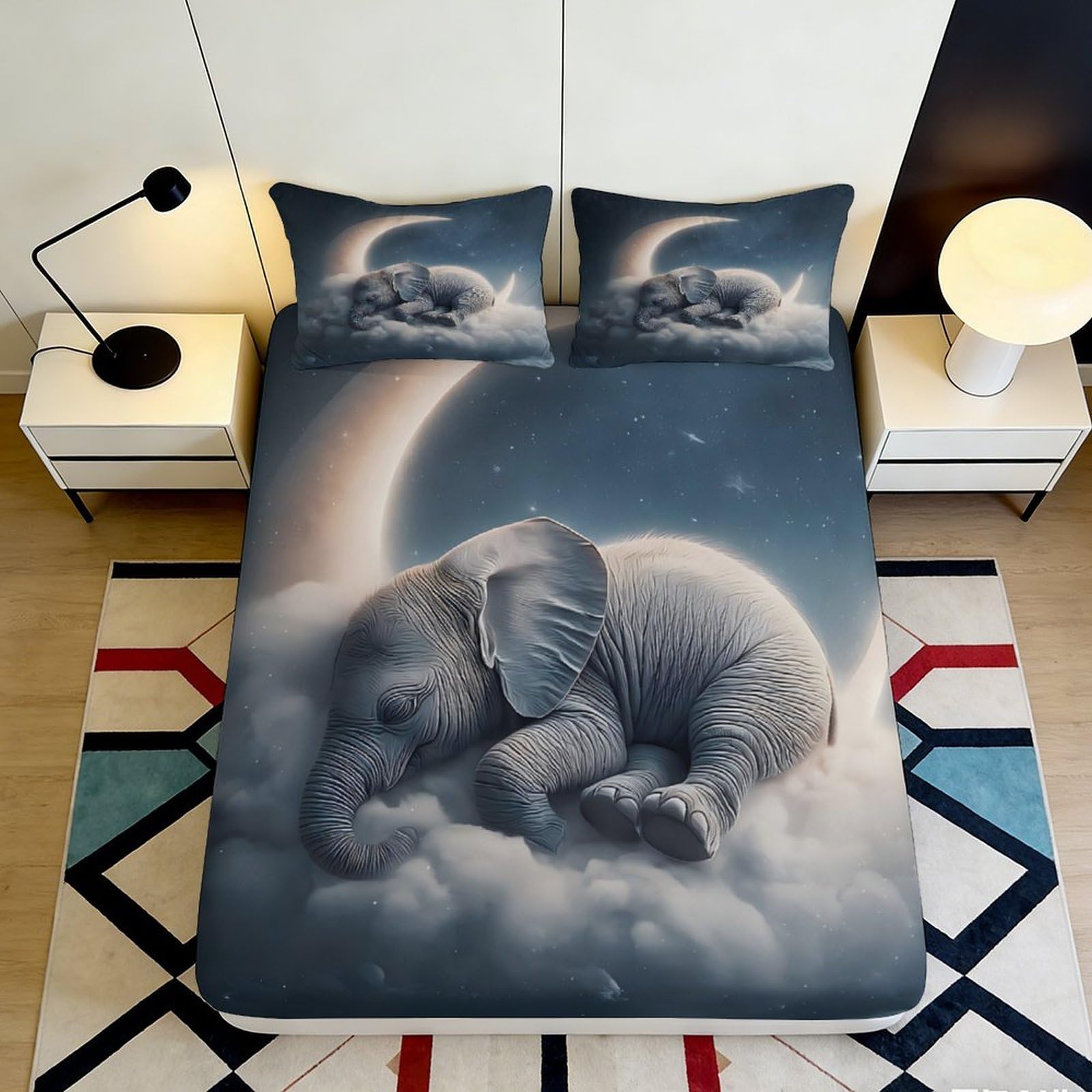 3D Printed Dreamy Elephant Moon Fitted Sheet Microfiber Soft Bed Cover Anti-Slip Washable for Bedroom Guest Dorm Decor 90x200x25cm