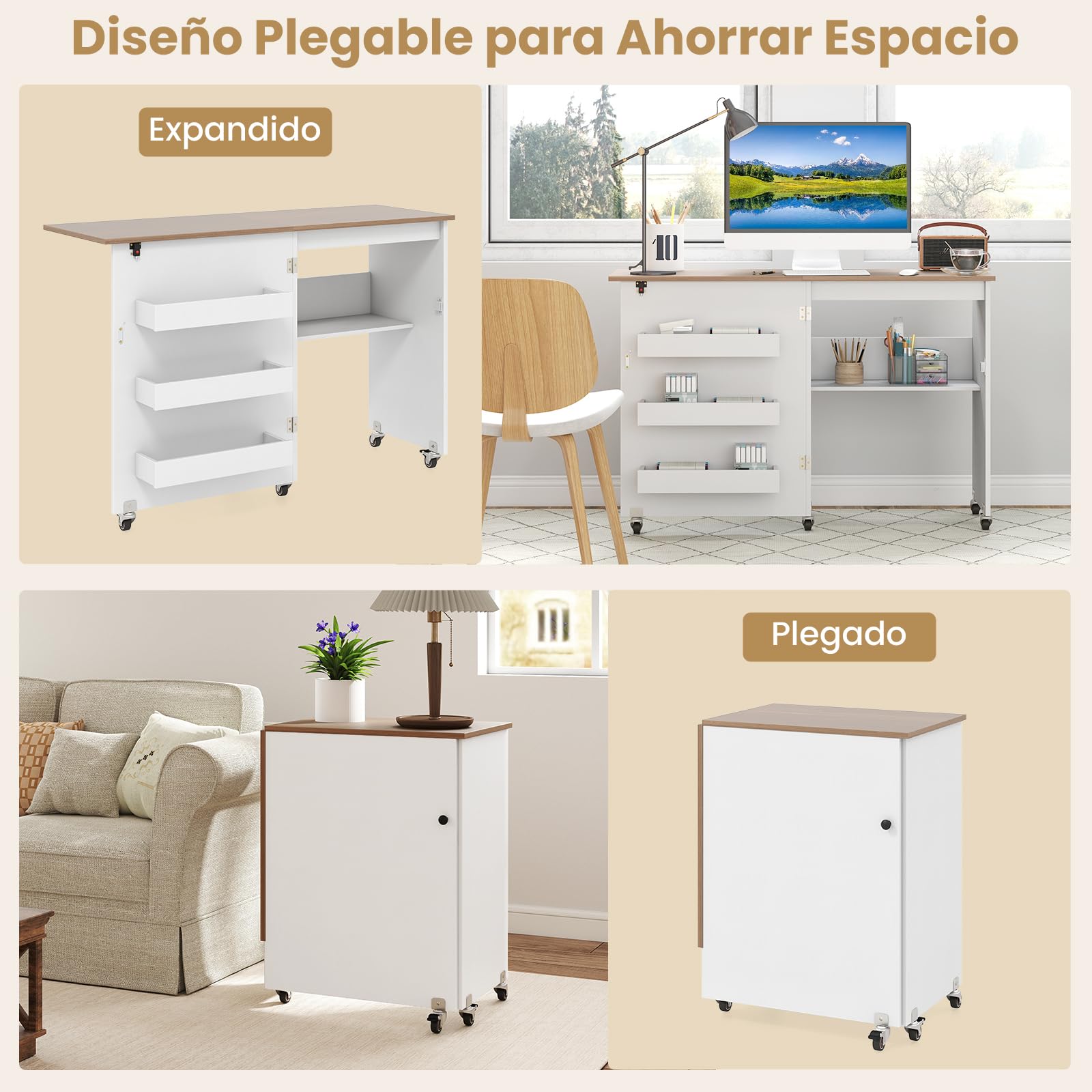 COSTWAY 2 en 1 Mesa Maquina de Coser Plegable, 116x40.5x78cm, Mueble Maquina Coser con 3 Compartimientos Ocultos y Estante, Escritorio Móvil con 5 Ruedas Bloqueables, Ahorro de Espacio (Blanco+Marrón)