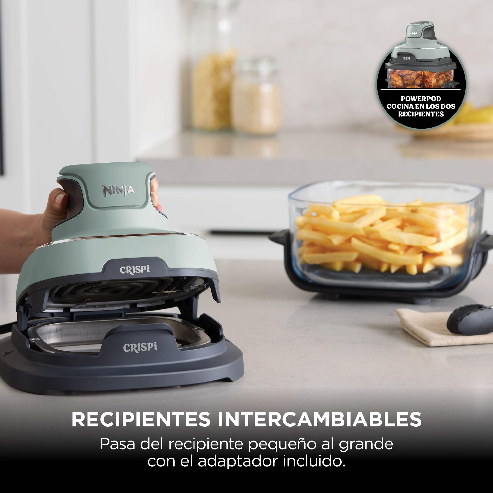 Ninja CRISPi Freidora de Aire portátil, 3,8 l, 4 en 1, freír con Aire, Asar, Mantener Caliente y gratinar, compacta, Incluye 2 recipientes de Vidrio extraíbles y Tapas