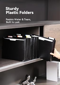 SortRax Plastic Expanding File Jackets, 12 Pack, 2 Expansion File Folder, 1/3 Cut Tabs with Colorful Labels, Letter Size - Black