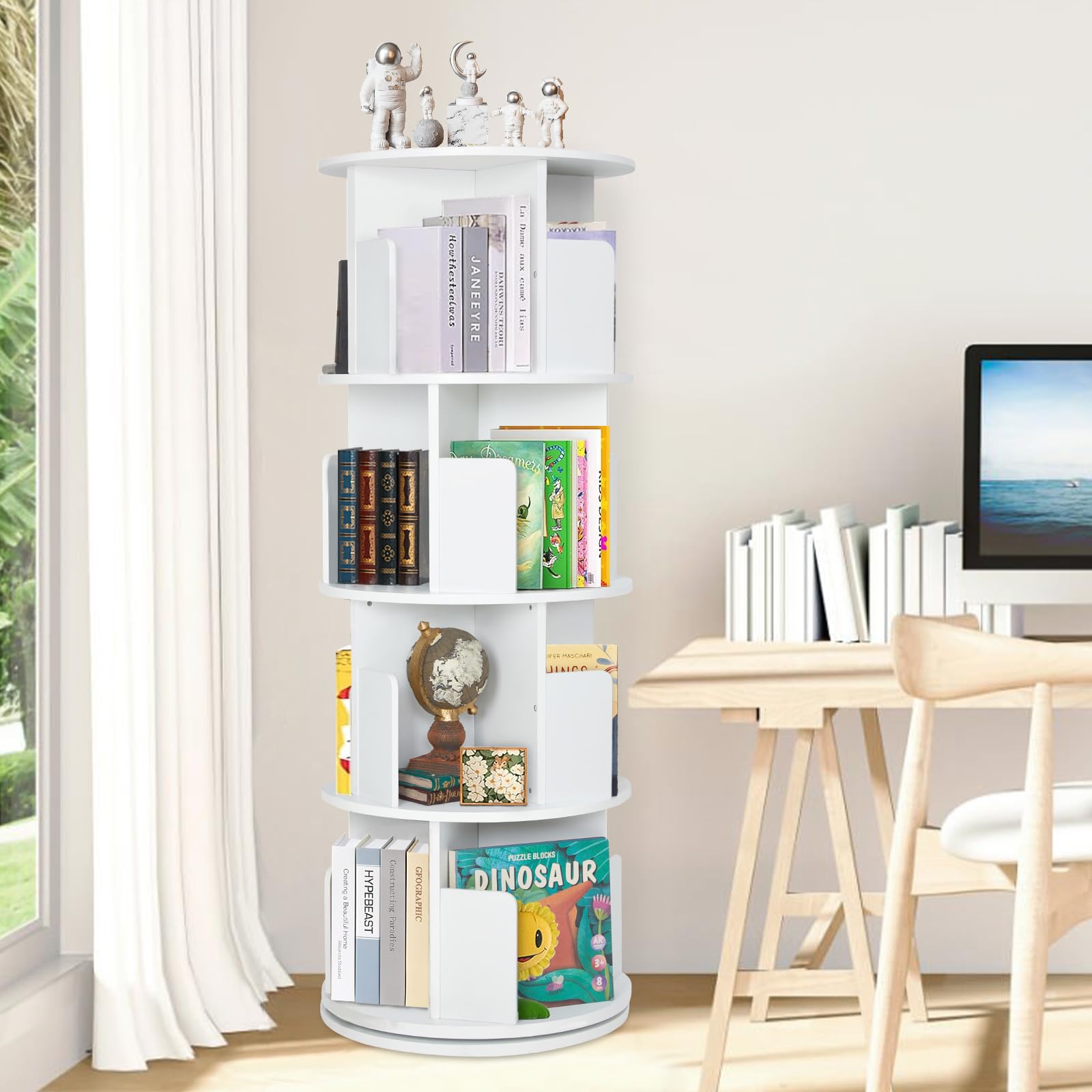 Rotating Bookshelf,Wood Corner Bookshelf 4 Tier 360 Display Spinning Bookshelf Floor Standing Bookcase White Stackable Bookshelf Storage Rack Organizer for Small Space Bedroom Living Room Study Room