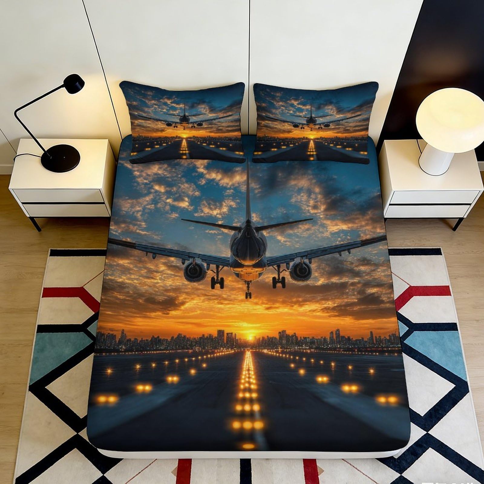 3D Printed Airplane Sunset Fitted Sheet Microfiber Soft Breathable Cityscape Bed Cover for Bedroom Dormitory Guest Room Mattress Protection Decor 120x200x25cm