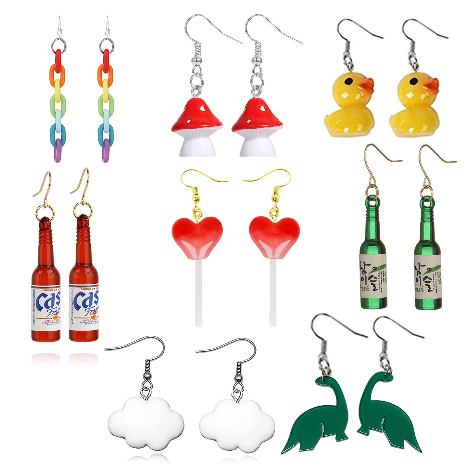 Xhbts Women's Rainbow 8 Pairs Cute Weird Earrings Funny Mushroom Lollipop Duck Wine Bottle Dinosaur Clouds Resin Dangle Drop Earrings For Girls