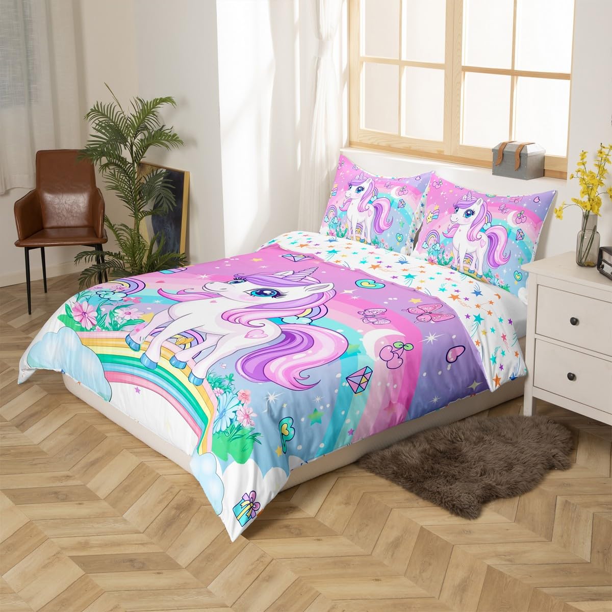 Homemissing Cartoon Unicorn Duvet Cover Set King Size For Kids Girls Teens Rainbow Bedding Set Girls Butterfly Floral Comforter Cover Set Princess Style Quilt Cover with 2 Pillowcase - Image 2