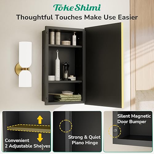 Miniatura 6 de TokeShimi Botiquín empotrado de 21 x 27 pulgadas con espejo montado en la pared, botiquín de aluminio dorado con espejo, espejo biselado de metal