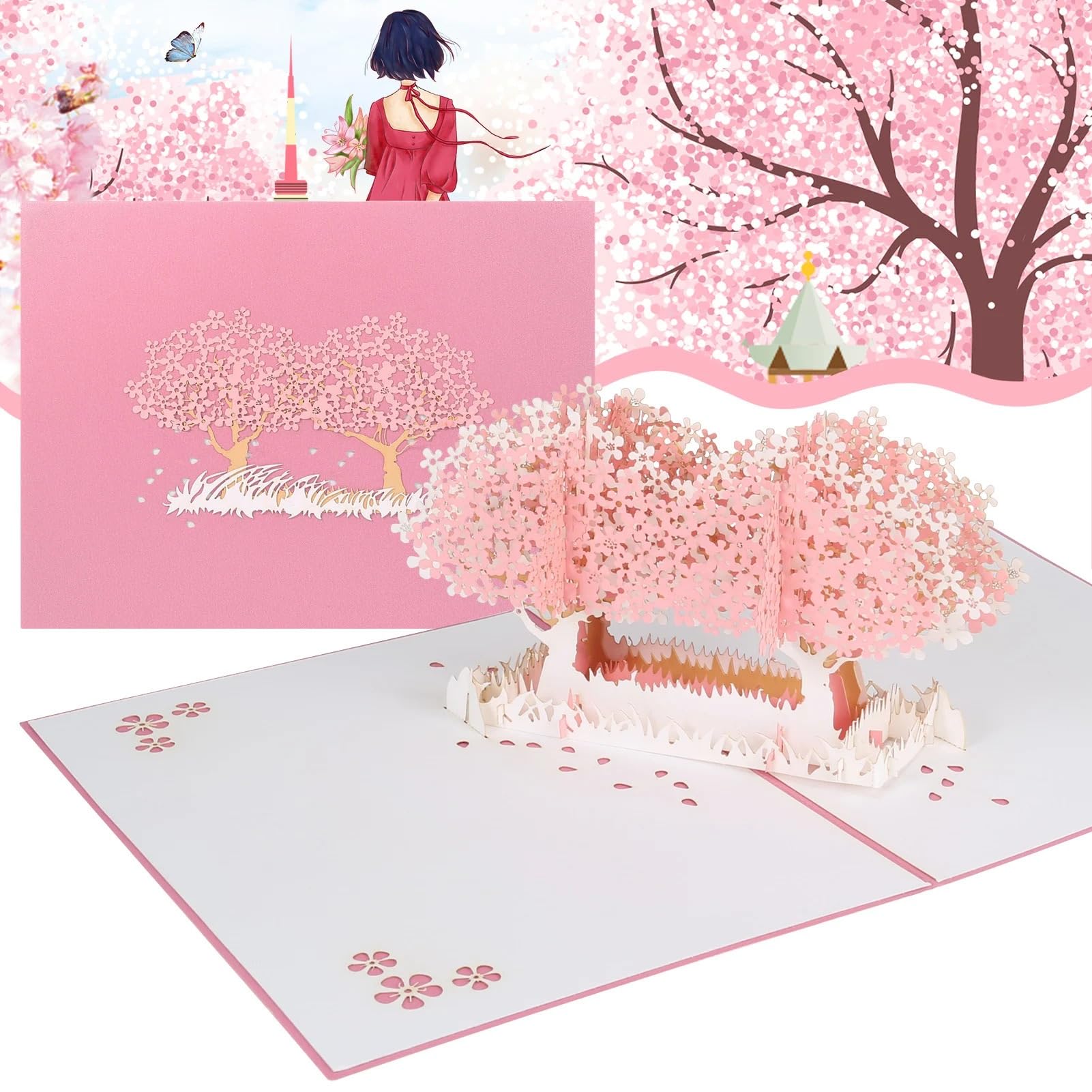 Geburtstagskarte Geschenke Karten, 3D Pop-Up Cards Flowers Pink Trees Pink A & B 15x20 cm Folded Birthday Valentine’s Day Greeting Card(Pink A)