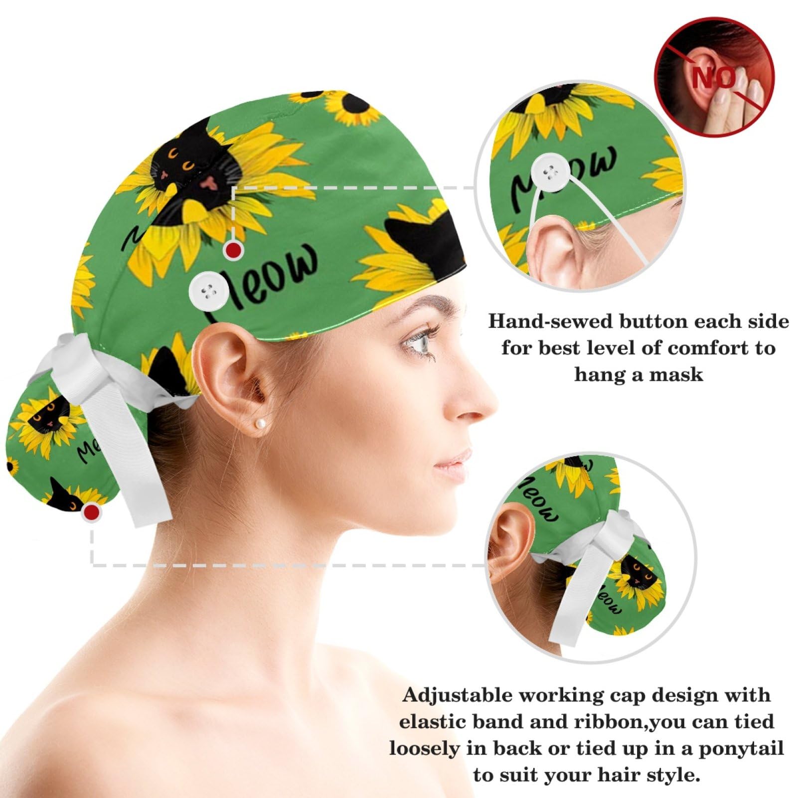 Cute Black Cat Scrub Caps Adjustable Working Cap Surgical Caps Nurse Hat with Bow Hair Scrunchy