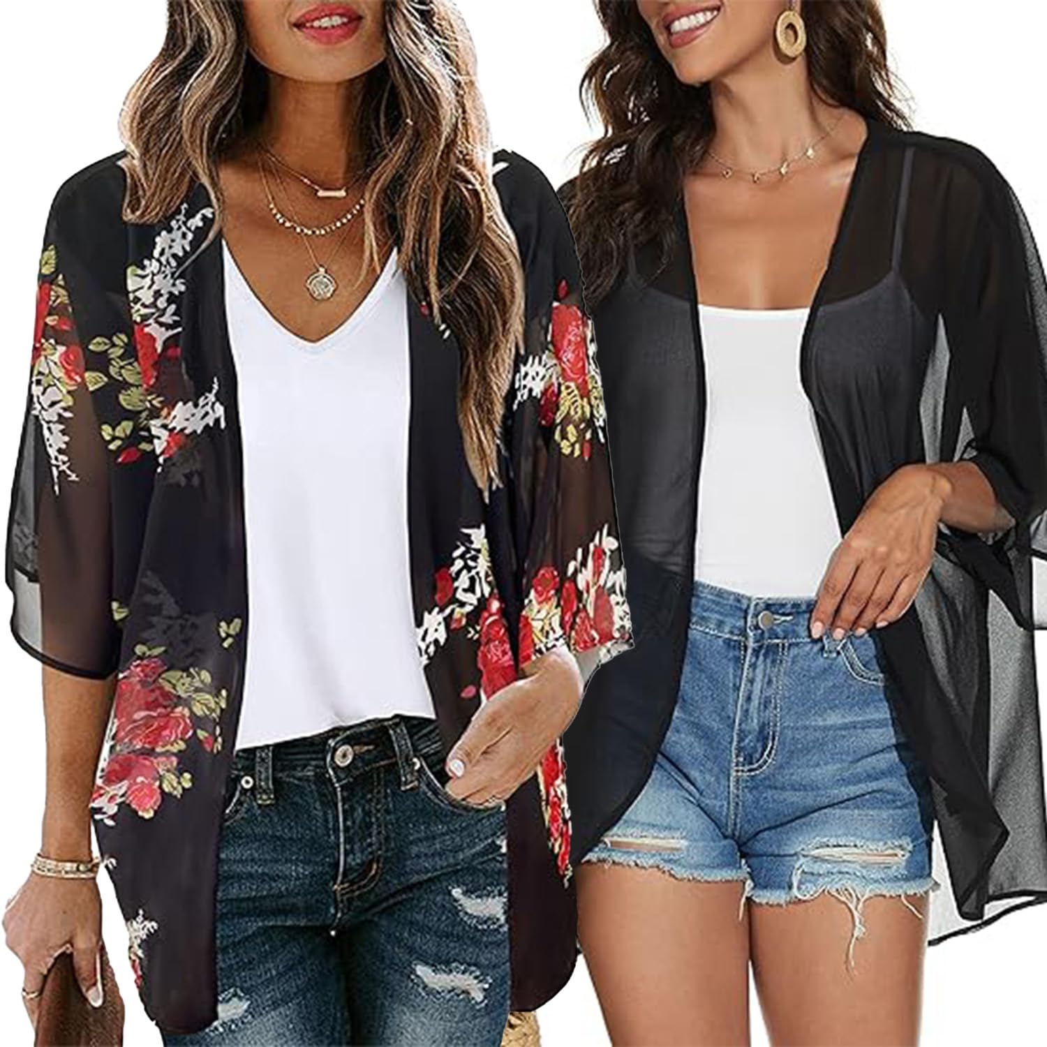 olrain 2 Pieces Floral Print Kimono Cardigan Sheer Chiffon Cover Up 3 4 Sleeve Open Front Beach Jacket