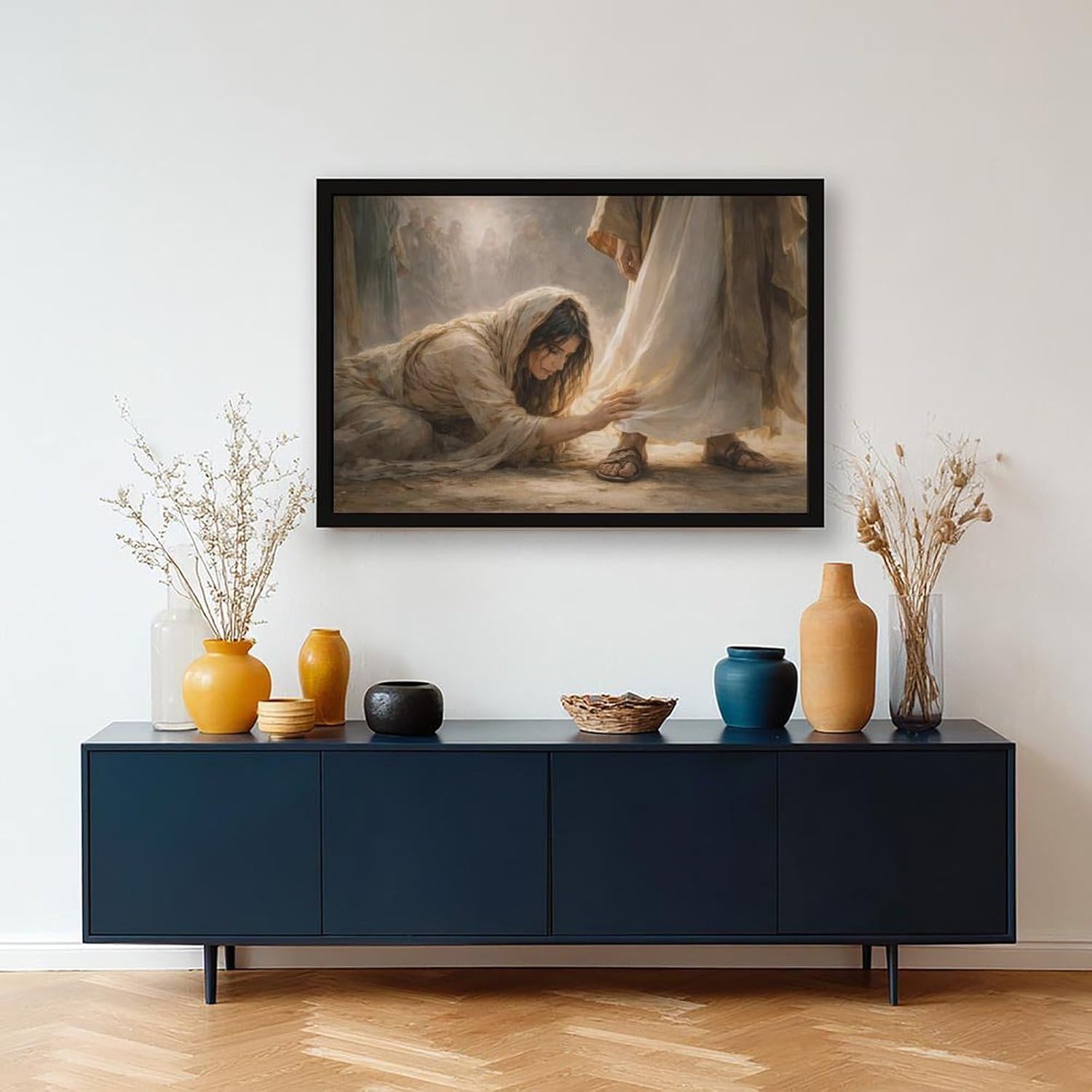 Black Framed Christian Wall Art - Woman Touching Jesus Hem Canvas Print, Biblical Healing Miracle Painting, Modern Religious Decor for Living Room, Spiritual Faith Gifts, Ready to Hang (24" x 16")