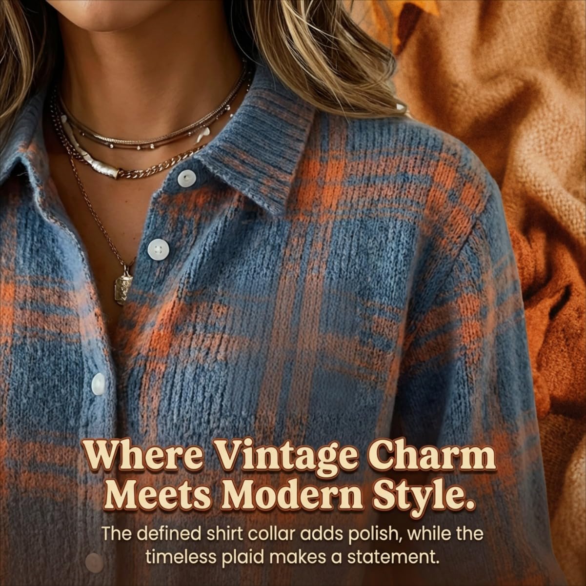 Women's Plaid Cardigan Sweater Cotton Button Up Knit Top Casual Checkered Print Cropped Shirt Collar Winter Soft