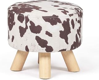 Asense Small Round Ottoman Foot Rest Stool Linen Padded Seat Footstool Ottoman with Anti-Slip Wooden Legs (Cow Brown,Linen)