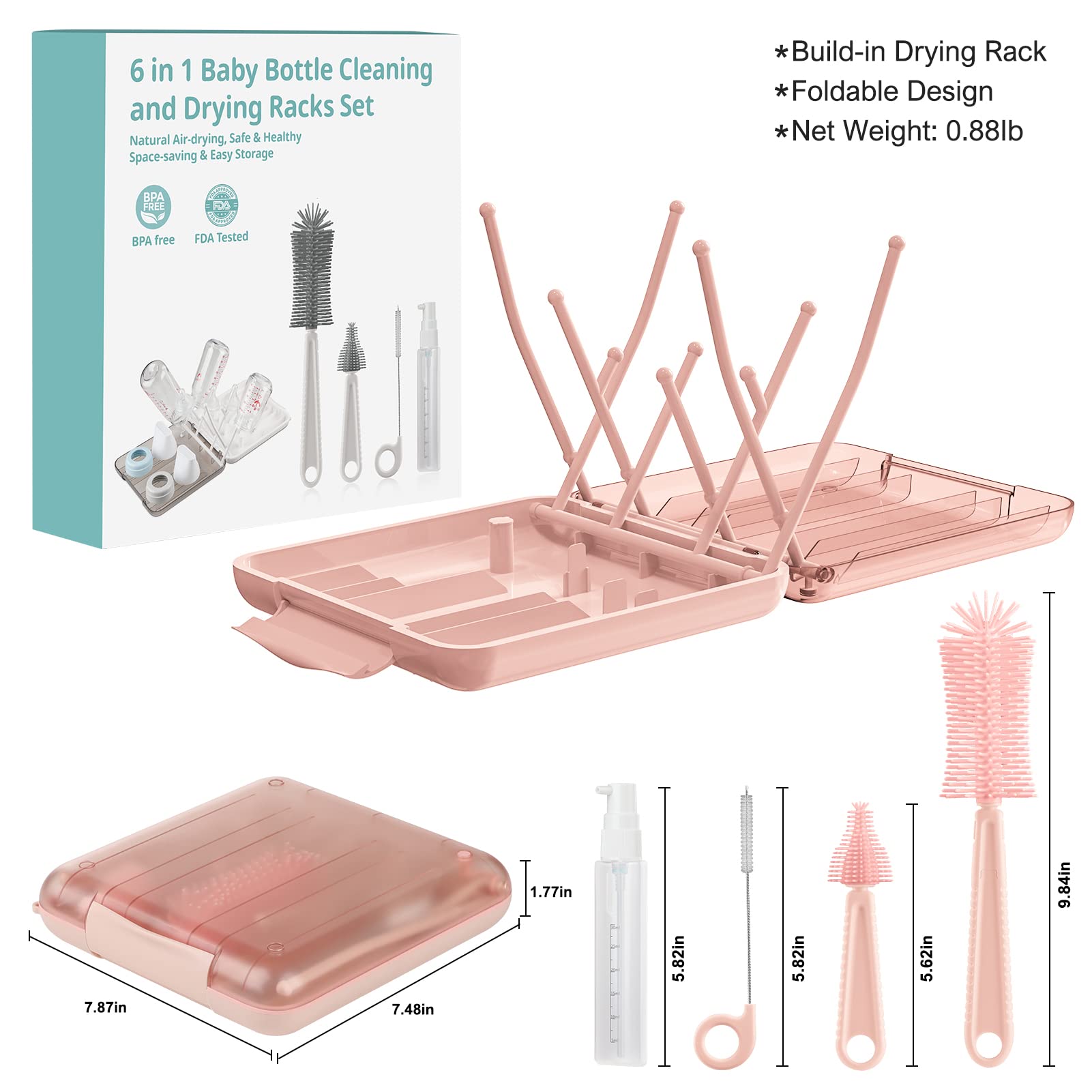 YomauiYee Babyflaschenbürsten-Set, 6-in-1, Flaschenbürstenreiniger mit Silikon-Flaschenbürste, Trockengestell, Nippelbürste, Strohhalmbürste, Seifenspender und Aufbewahrungsbox, Baby-Essentials