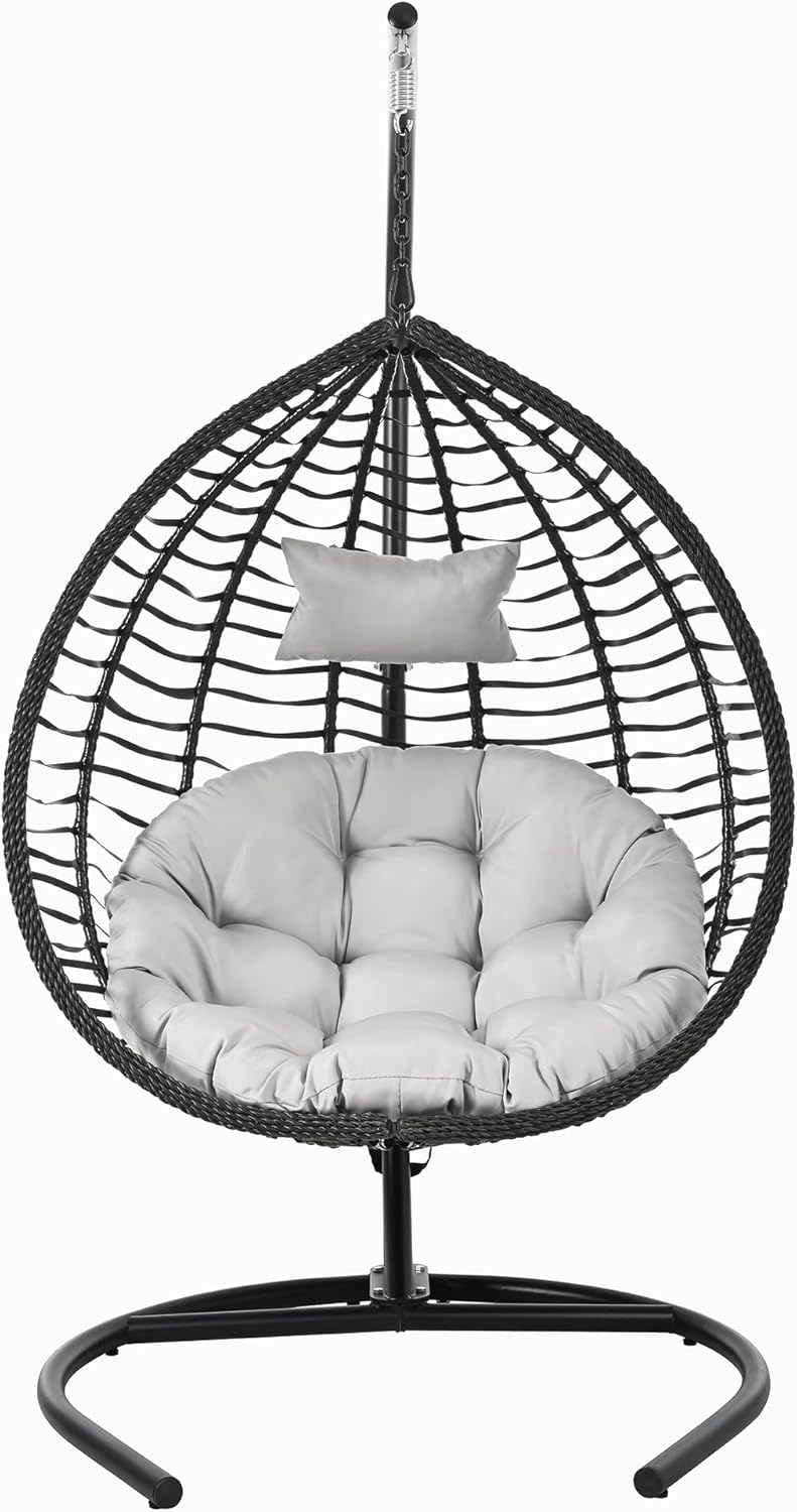 GDFStudio Hammock Chair with Stand, Rattan Wicker Hanging Egg Chair with Cushion and Headrest, Iron Frame Hammock Swing Chair for Indoor Outdoor Patio Balcony Porch Garden, 330lbs, Black+Gray