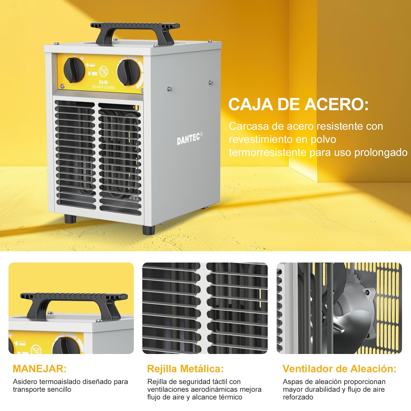 Calefactor Eléctrico 3000W Potenciado - Calentador Portátiles Industriales - Termostato y Protección contra Sobrecalentamiento - Apto para Construcción, Garaje e Invernadero