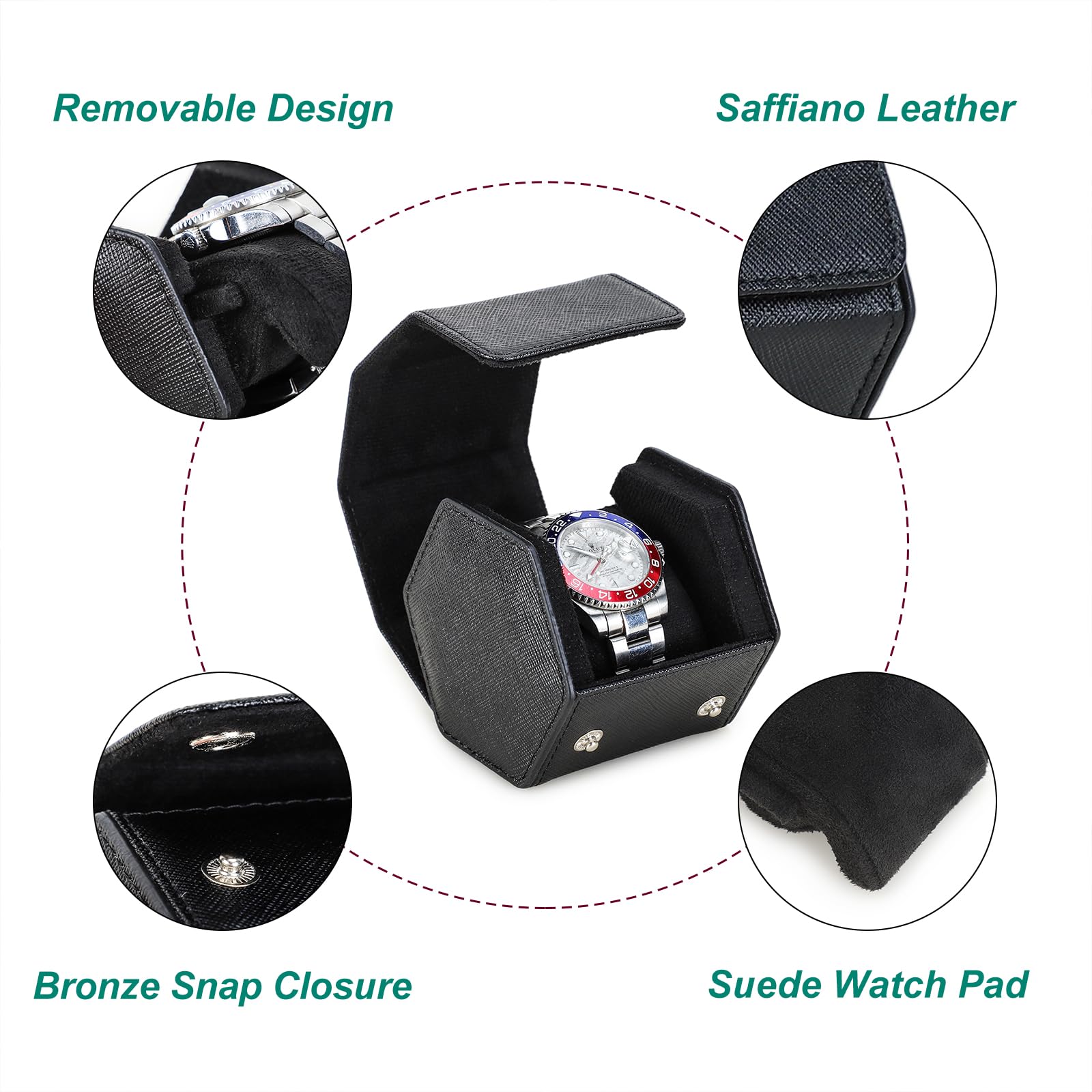 Hiram Reiseetui aus echtem Leder, Saffiano-Leder, Uhrenrolle, Reiseetui für 1 Uhr, für wertvolle Uhren und Armbänder (schwarz)