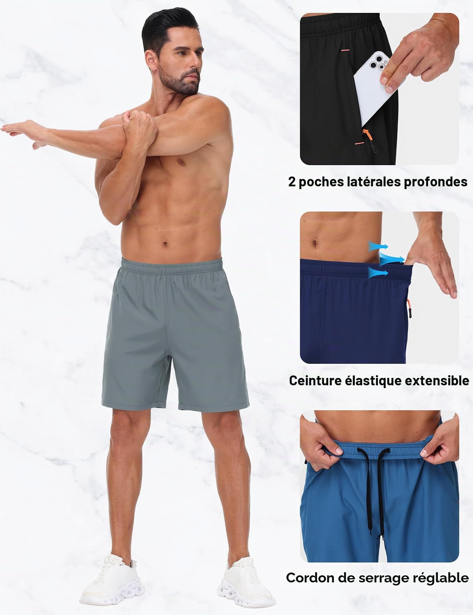 Lot de 3 Shorts de Sport Homme été Pantalon Court Homme Fitness Leger Running Pantacourt avec Poche