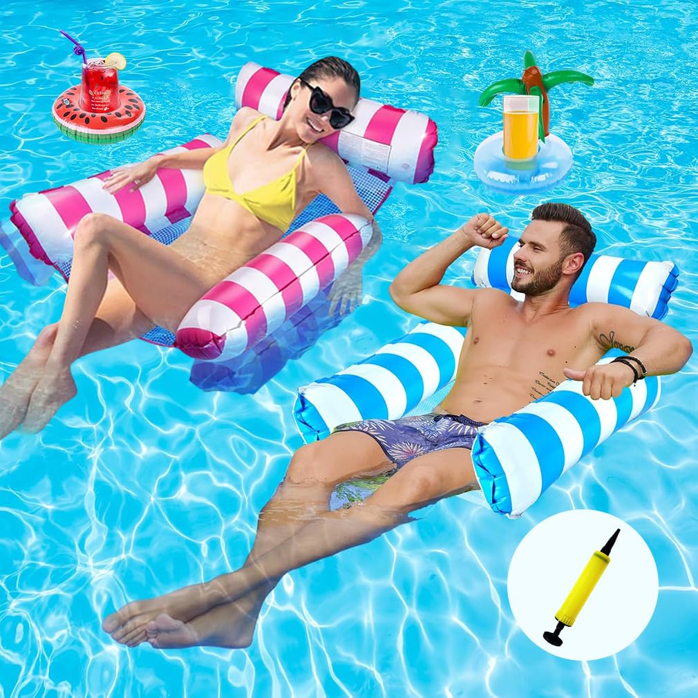 2 Pack Lilo Pool Inflatables4 in 1 Water Hammock With 2 Drink Holders and 1 Air Pump, Cool Mesh Adult Swimming Floats Pool Toys Sofa Lounger Chair Seat Mattress for Lazy River Beach Kids Adults