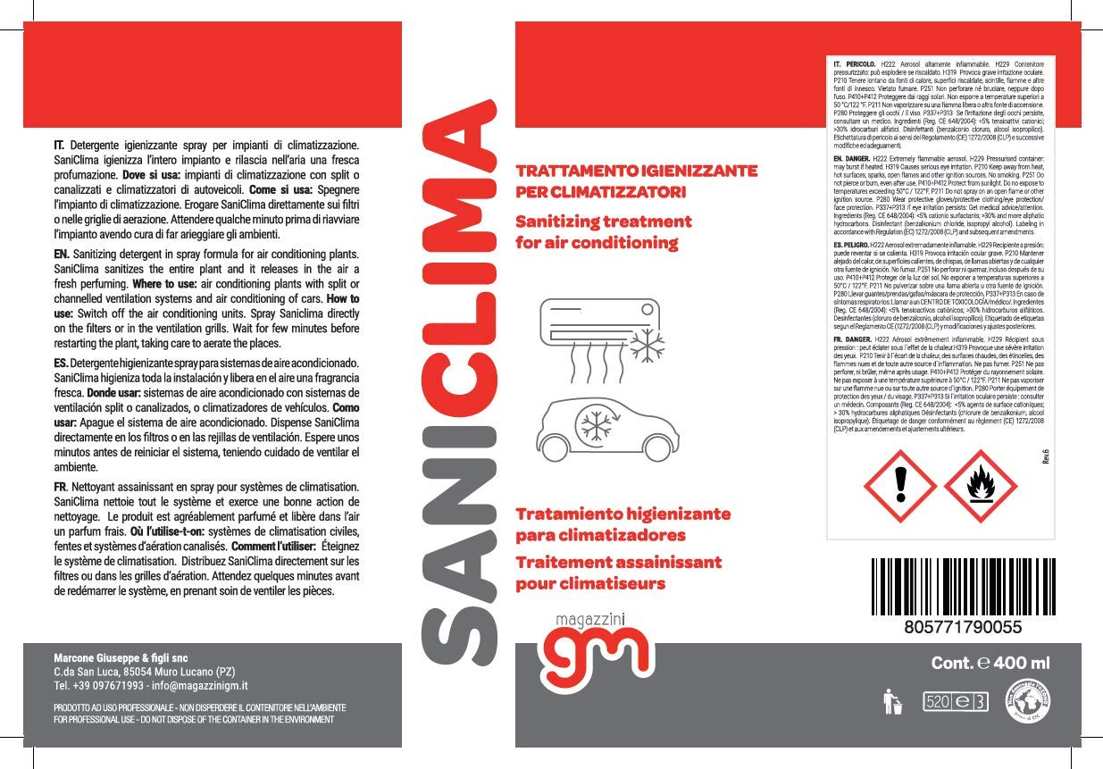 Magazzini GM SANICLIMA, Igienizzante Spray per Climatizzatori di Casa e Auto, gradevolmente profumato a base alcolica 400ml (1 Pz)