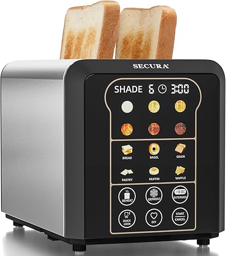 Secura Tostadora inteligente de 2 rebanadas con pantalla táctil de elevación automática y bajada, cuenta regresiva digital, ranuras anchas para
