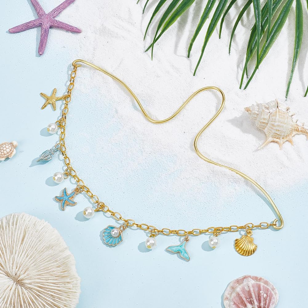 Ocean Car Hanging Ornament Sea Rear View Mirror Charm with Starfish Pearl Seashell Mermaid Tail Pendant Boho Summer Dangle Ornament Car Interior Accessories for Home Window Balcony Decor