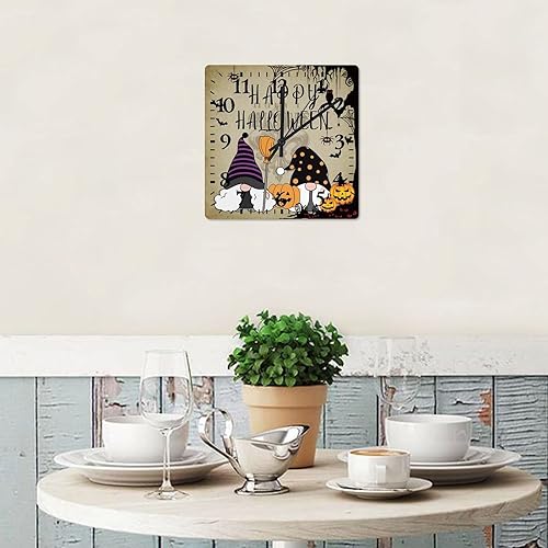 Miniatura 2 de Reloj de pared de madera, feliz Halloween, bosque medieval, calabaza, gnomos, telaraña, murciélago, reloj de pared de madera, funciona con pilas,