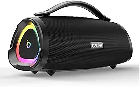 Basike Caixa de Som Bluetooth Portátil 100W RMS (160W Pico), TWS Estéreo, EQ, Microfone Integrado, Luzes RGB, IPX6 Resistente à Água, 12h de Bateria para Home Theater, Festa e Exterior – Preto