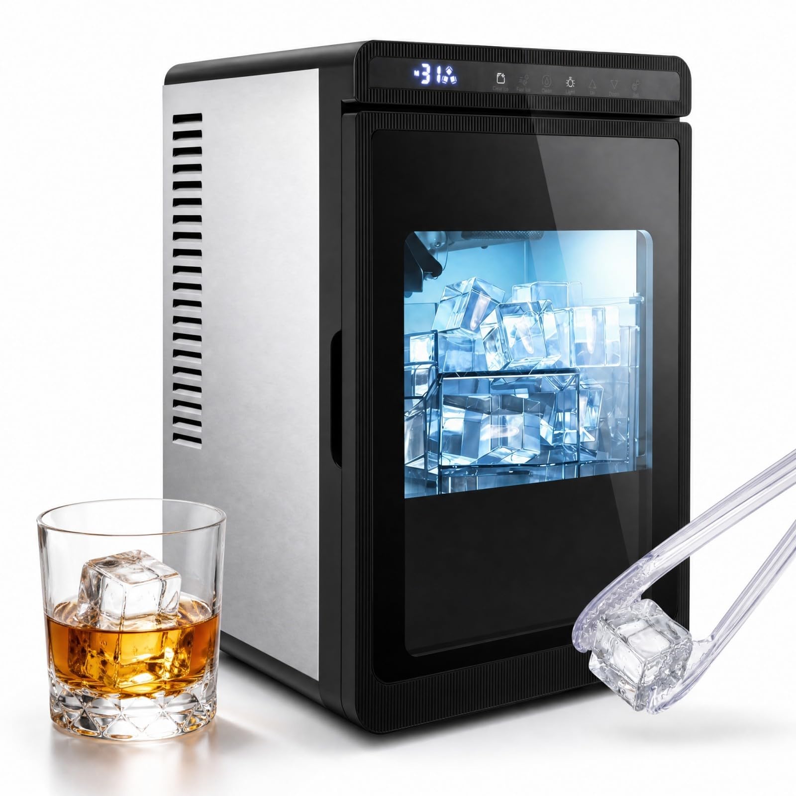 Lifezeal - Máquina de hielo transparente de 12 kg/24 h, máquina de hielo de encimera, fábrica de hielo cuadrado de 4 cm de hierro fundido lento con temporizador de 24 horas, limpieza automática para