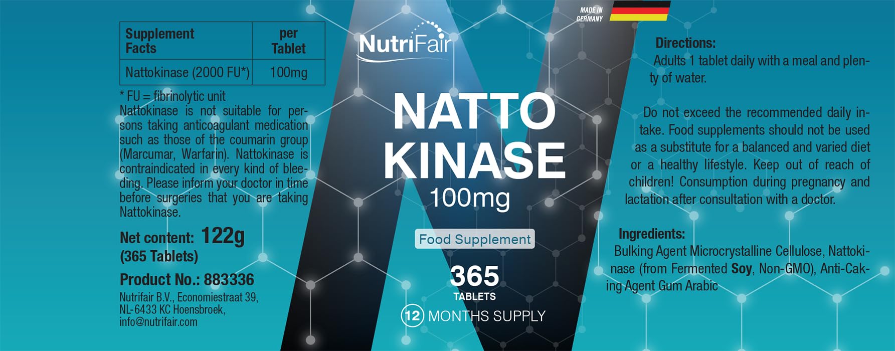 Nattokinase 100mg (20.000 FU/g) - 365 comprimidos - Enzima natto - Alta dosis - 100% vegano - Producción y control de laboratorio en Alemania - NutriFair | Premium & Fair